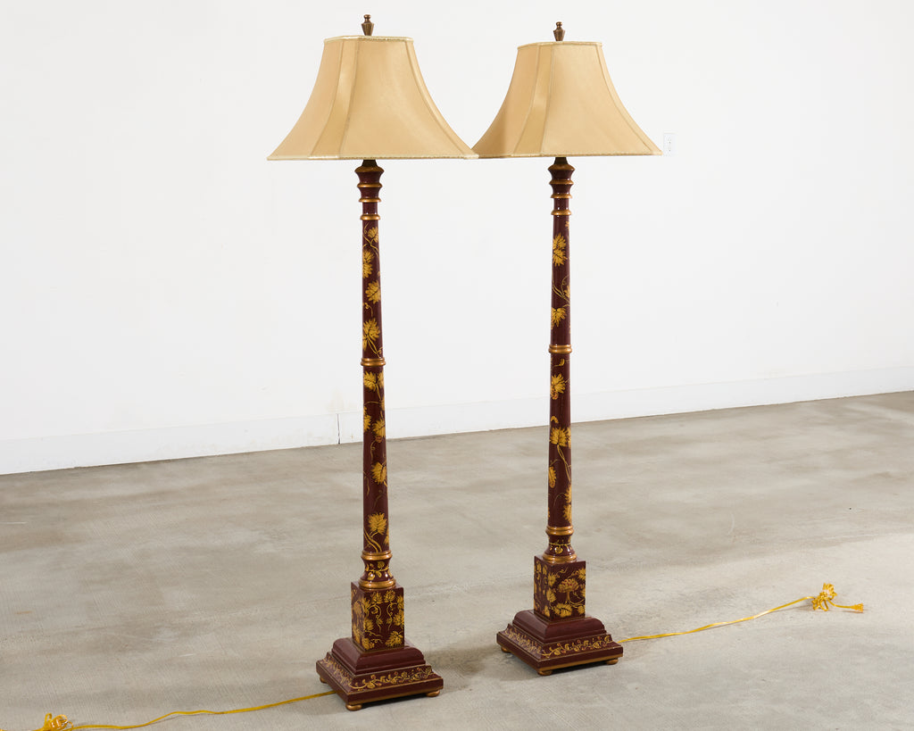 Pair of Lacquered Wood Chinoiserie Gilt Decorated Floor Lamps