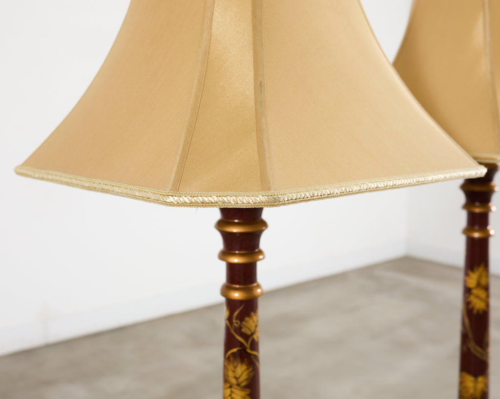 Pair of Lacquered Wood Chinoiserie Gilt Decorated Floor Lamps