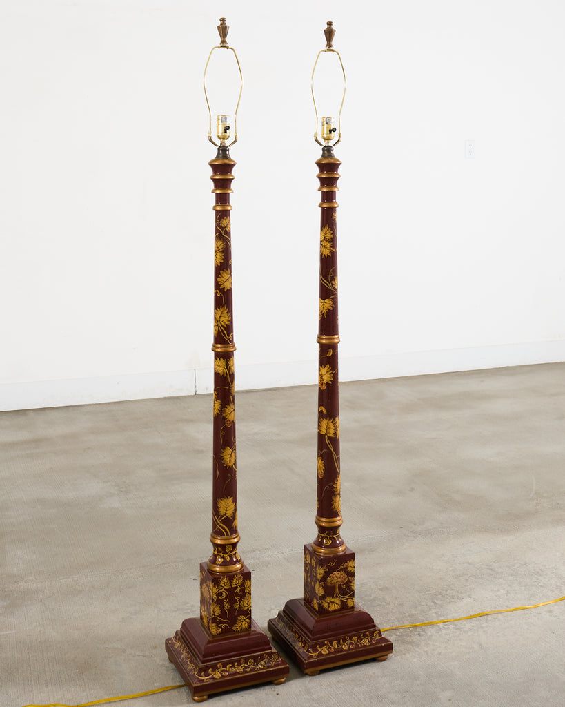 Pair of Lacquered Wood Chinoiserie Gilt Decorated Floor Lamps