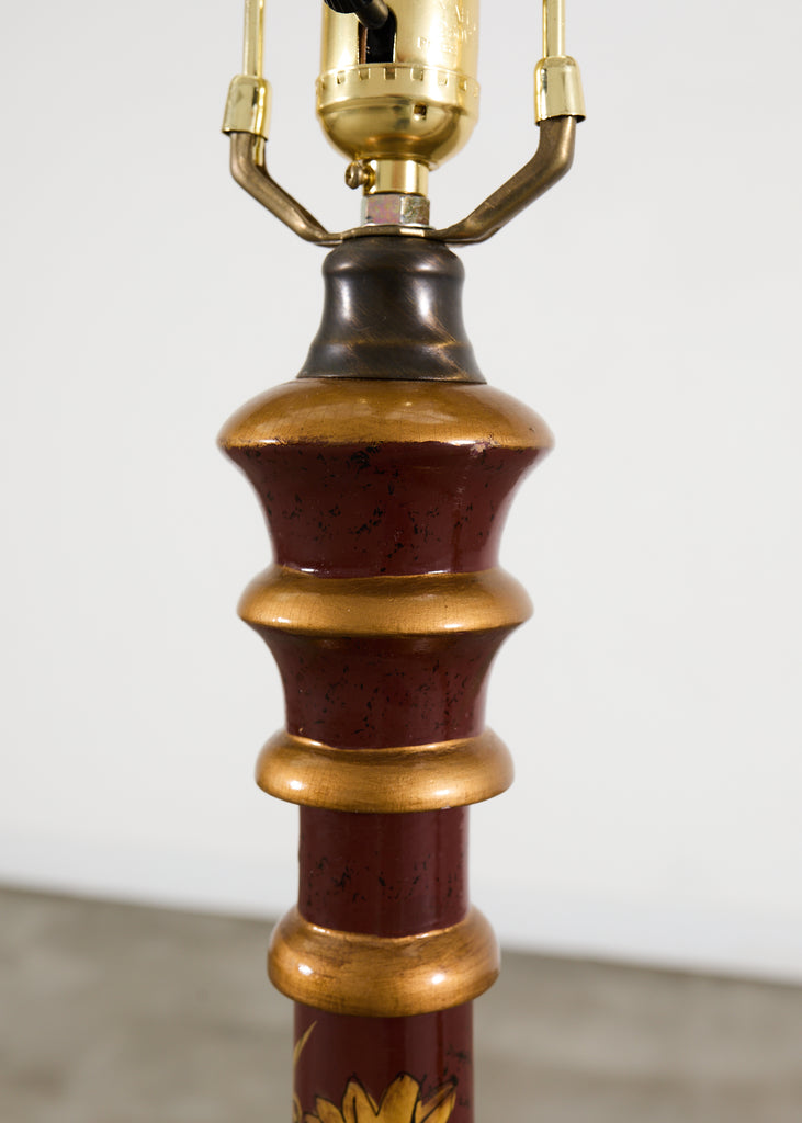 Pair of Lacquered Wood Chinoiserie Gilt Decorated Floor Lamps