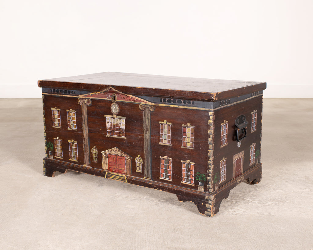 English Painted Pine Blanket Chest with Georgian Manor Façade