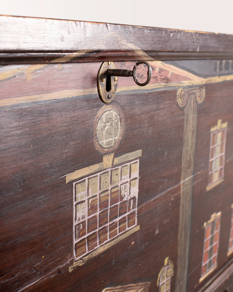 English Painted Pine Blanket Chest with Georgian Manor Façade