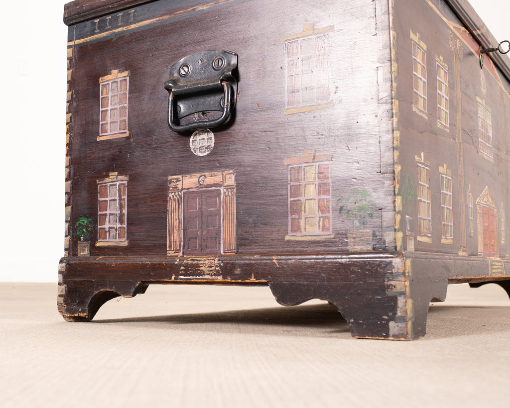 English Painted Pine Blanket Chest with Georgian Manor Façade
