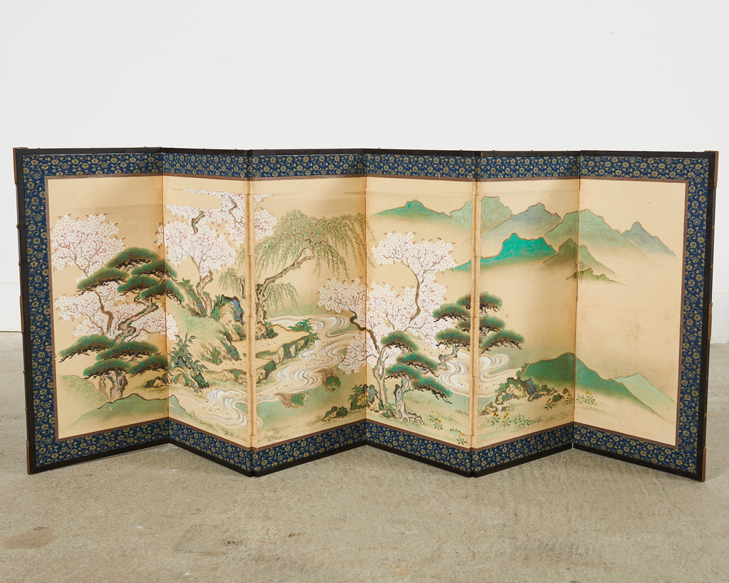 Pair of Japanese Edo Screens Minogame Turtles in Spring Landscape