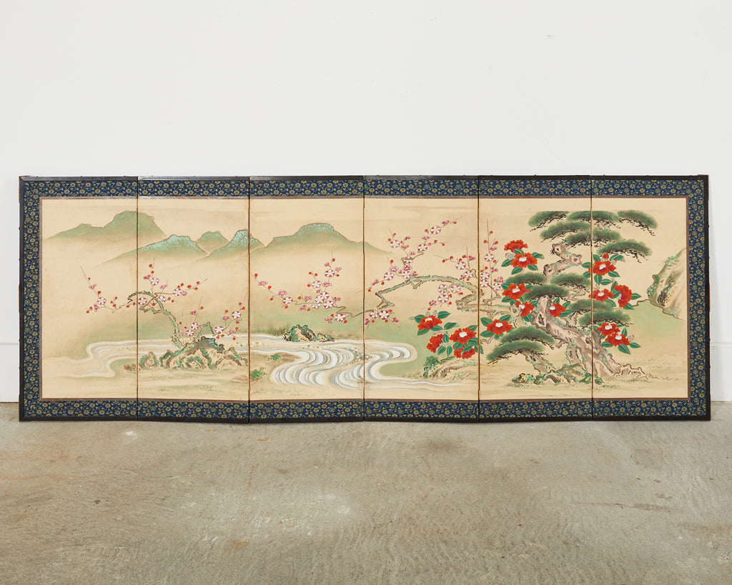 Pair of Japanese Edo Screens Minogame Turtles in Spring Landscape