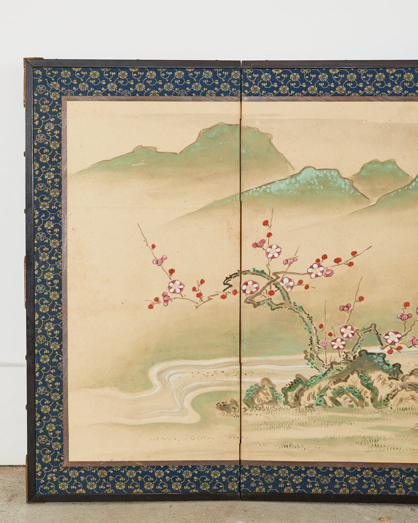 Pair of Japanese Edo Screens Minogame Turtles in Spring Landscape
