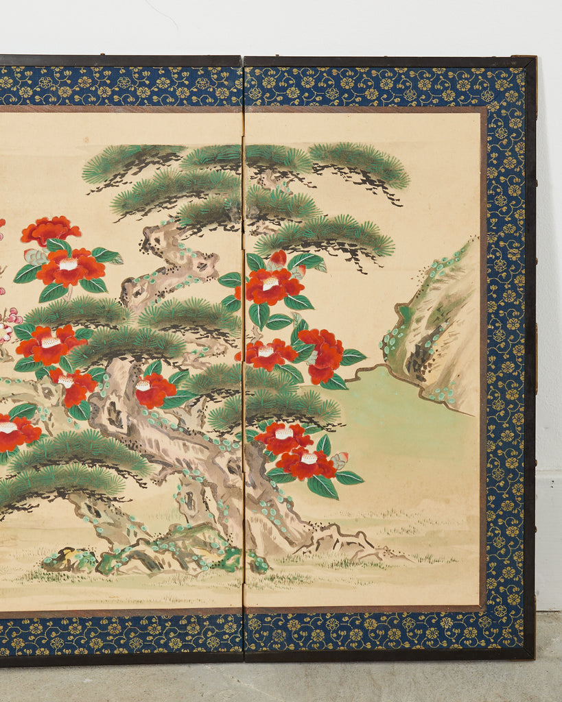 Pair of Japanese Edo Screens Minogame Turtles in Spring Landscape