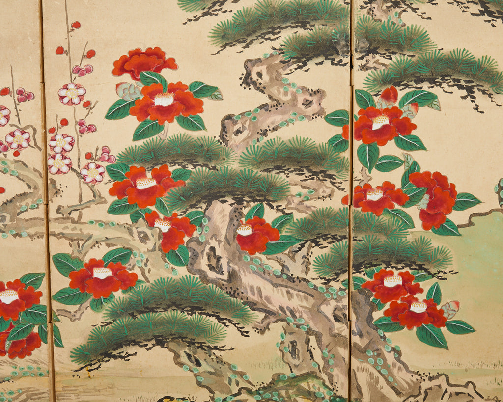 Pair of Japanese Edo Screens Minogame Turtles in Spring Landscape