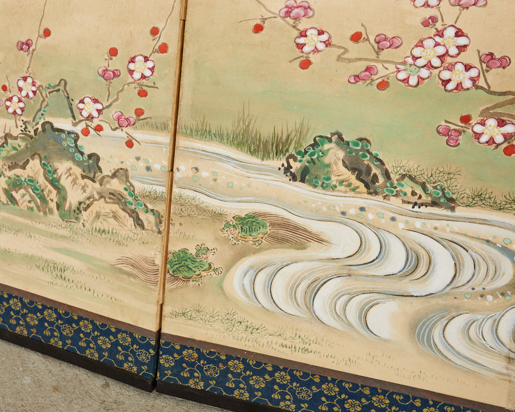 Pair of Japanese Edo Screens Minogame Turtles in Spring Landscape