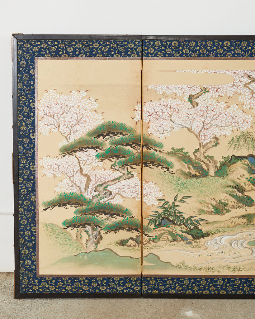 Pair of Japanese Edo Screens Minogame Turtles in Spring Landscape