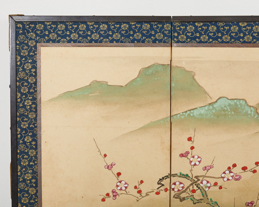 Pair of Japanese Edo Screens Minogame Turtles in Spring Landscape