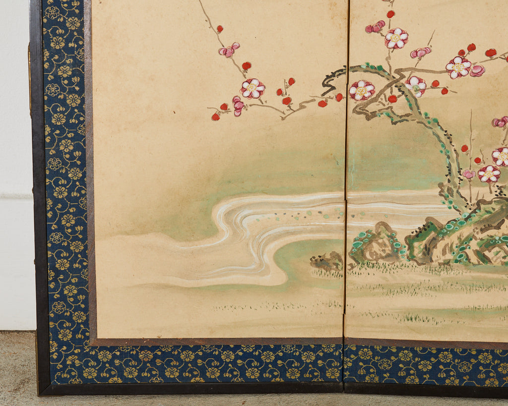 Pair of Japanese Edo Screens Minogame Turtles in Spring Landscape