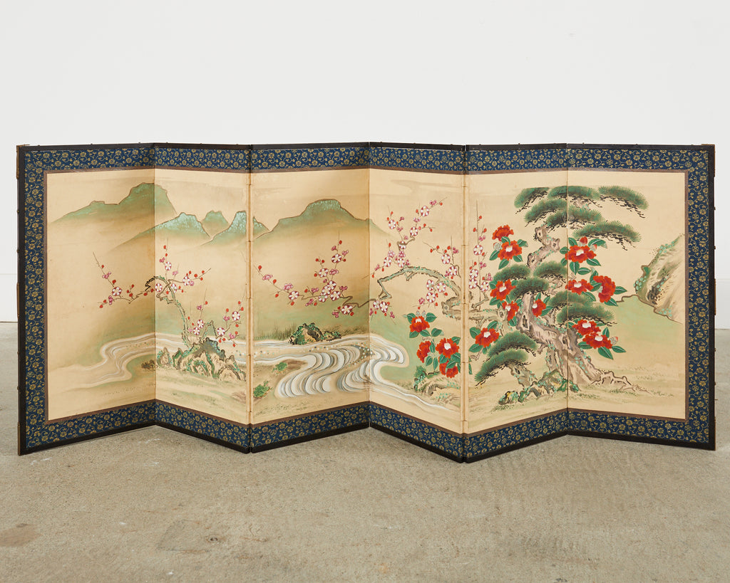 Pair of Japanese Edo Screens Minogame Turtles in Spring Landscape