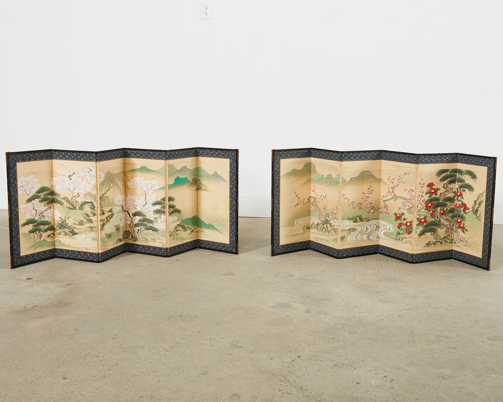 Pair of Japanese Edo Screens Minogame Turtles in Spring Landscape