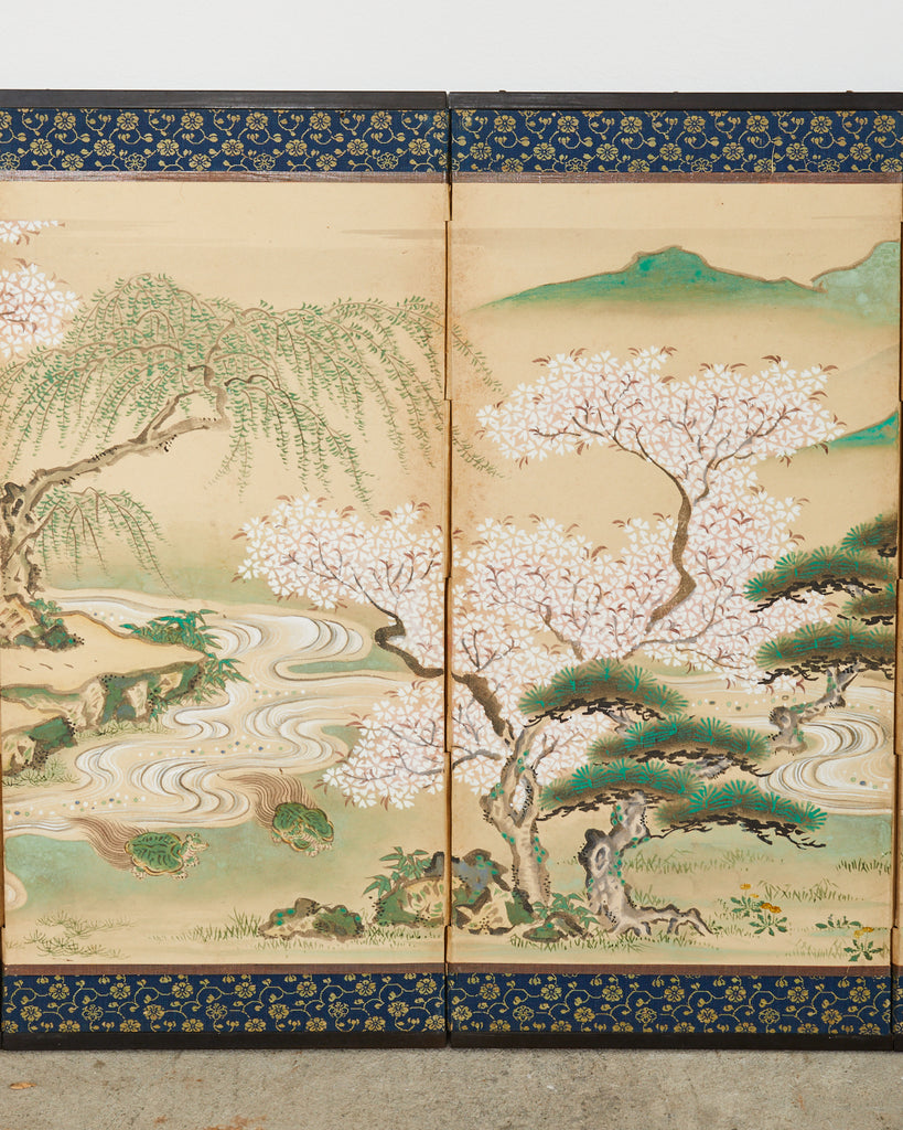 Pair of Japanese Edo Screens Minogame Turtles in Spring Landscape