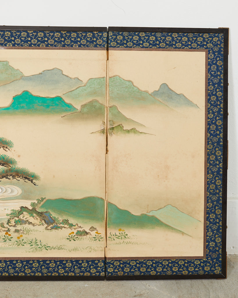 Pair of Japanese Edo Screens Minogame Turtles in Spring Landscape