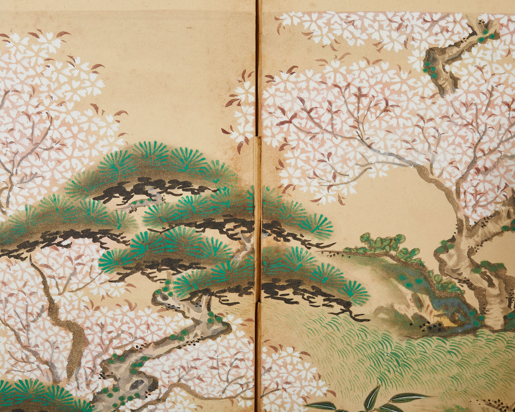 Pair of Japanese Edo Screens Minogame Turtles in Spring Landscape