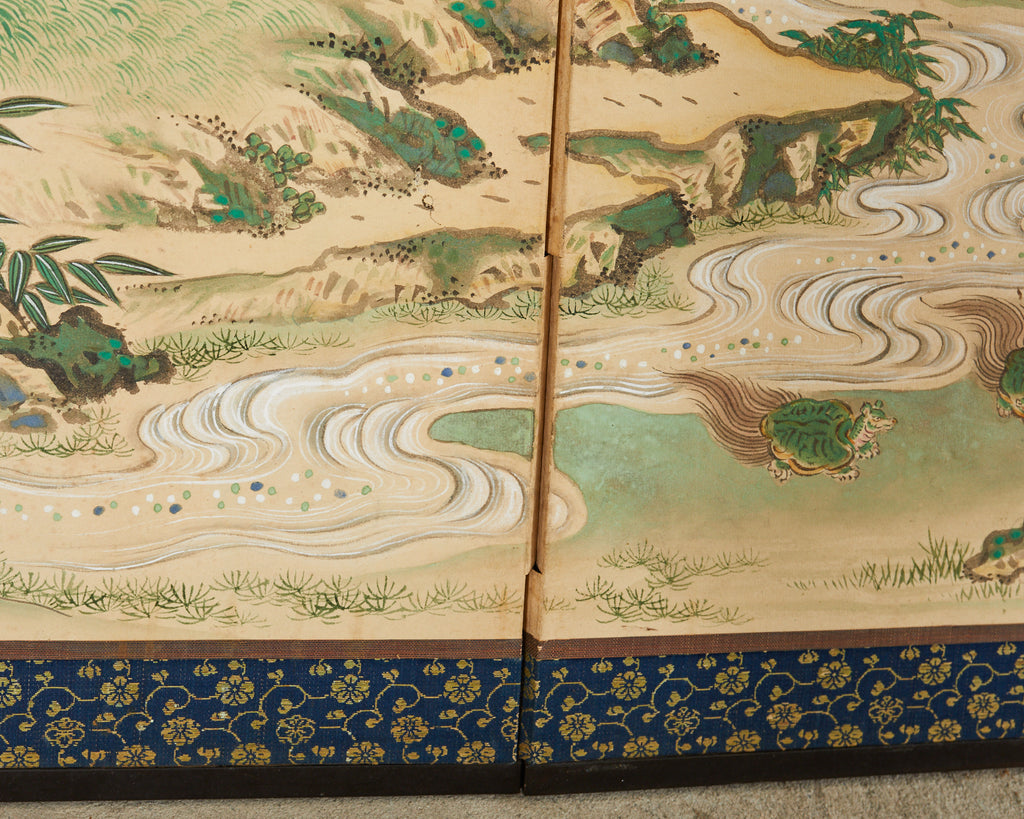 Pair of Japanese Edo Screens Minogame Turtles in Spring Landscape