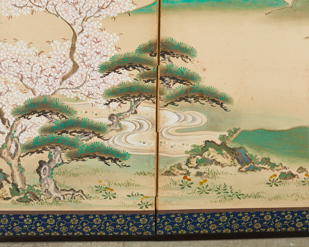Pair of Japanese Edo Screens Minogame Turtles in Spring Landscape