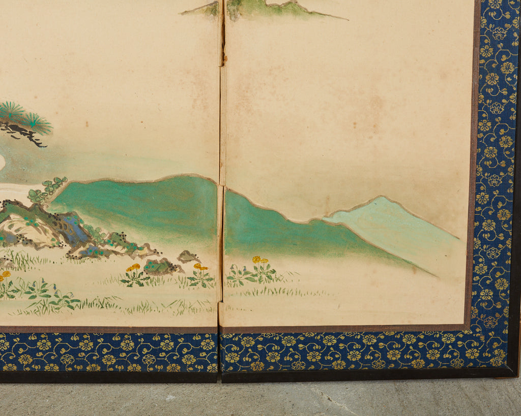 Pair of Japanese Edo Screens Minogame Turtles in Spring Landscape