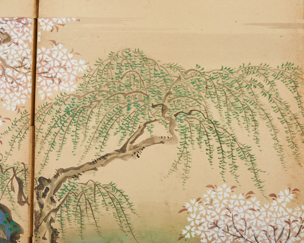 Pair of Japanese Edo Screens Minogame Turtles in Spring Landscape