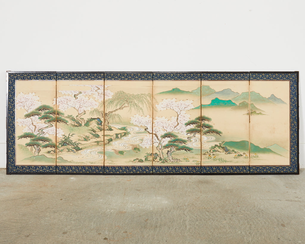 Pair of Japanese Edo Screens Minogame Turtles in Spring Landscape