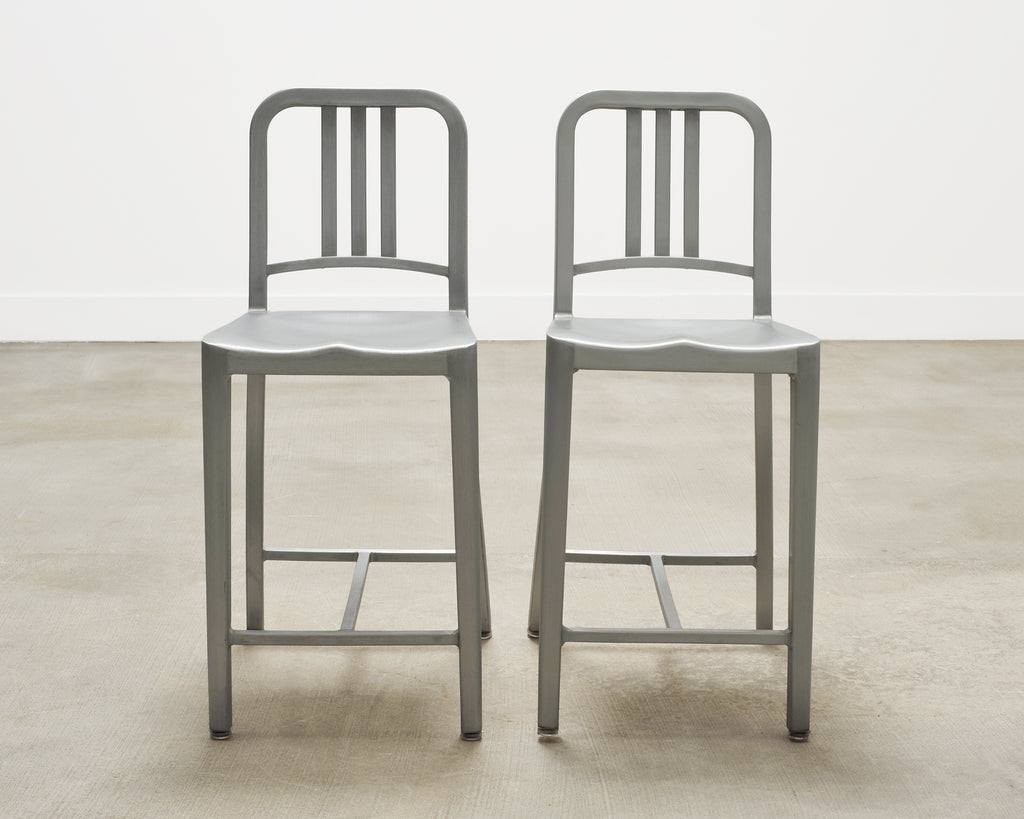 Pair of Emeco 'Navy' Bar Counter Stools in Brushed Aluminum
