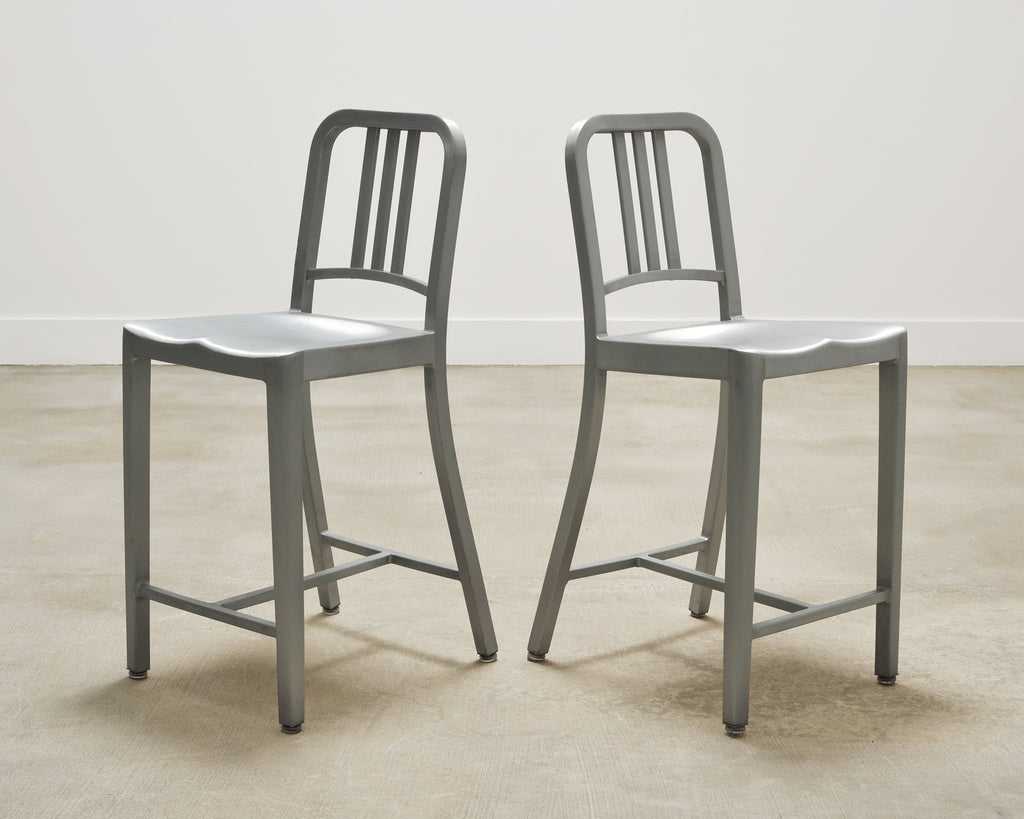 Pair of Emeco 'Navy' Bar Counter Stools in Brushed Aluminum
