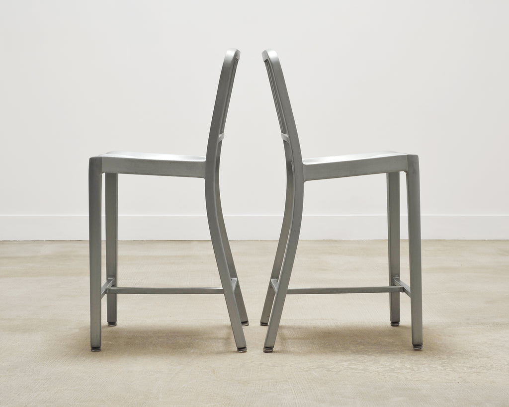 Pair of Emeco 'Navy' Bar Counter Stools in Brushed Aluminum