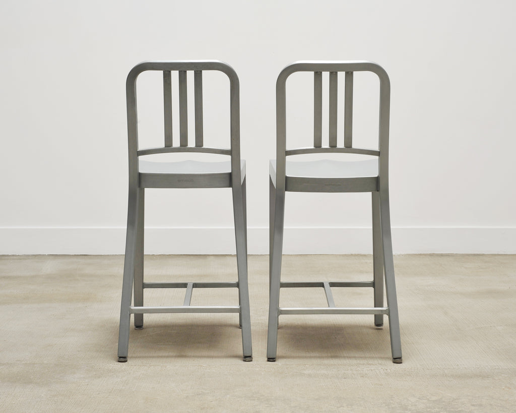 Pair of Emeco 'Navy' Bar Counter Stools in Brushed Aluminum