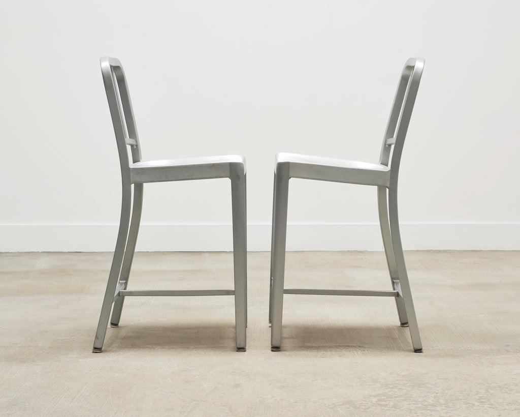 Pair of Emeco 'Navy' Bar Counter Stools in Brushed Aluminum