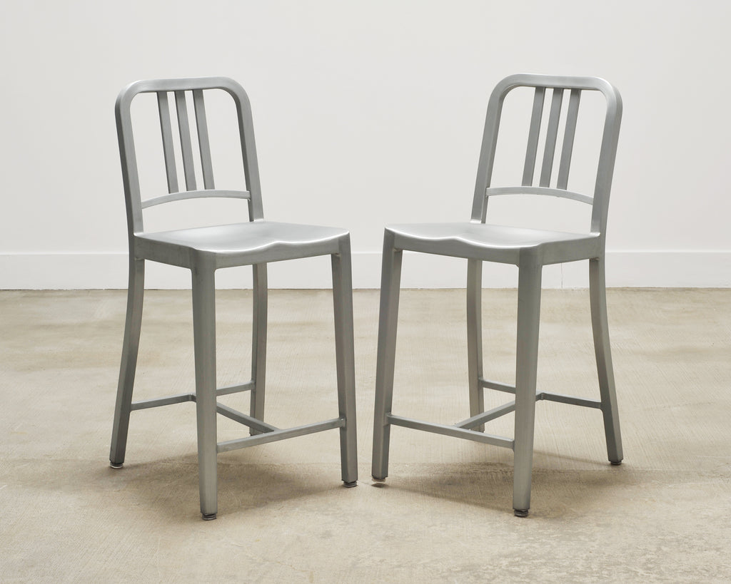 Pair of Emeco 'Navy' Bar Counter Stools in Brushed Aluminum