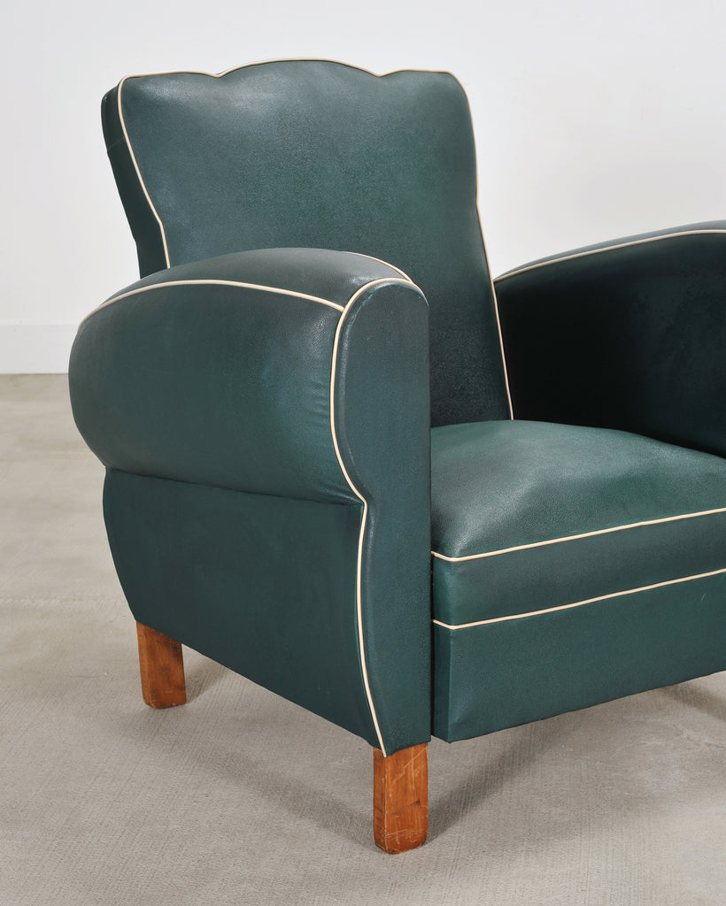 Pair of 20th Century French Art Deco Period Green Club Chairs