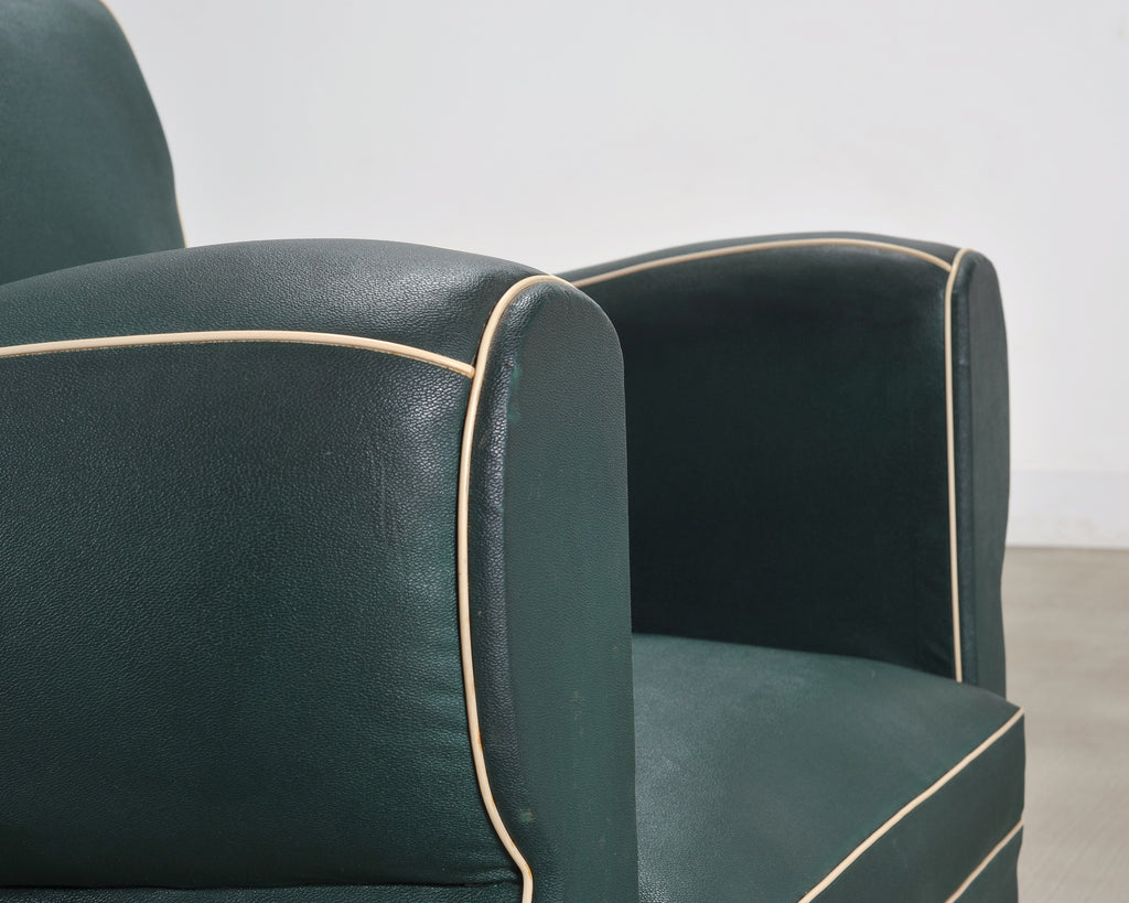 Pair of 20th Century French Art Deco Period Green Club Chairs