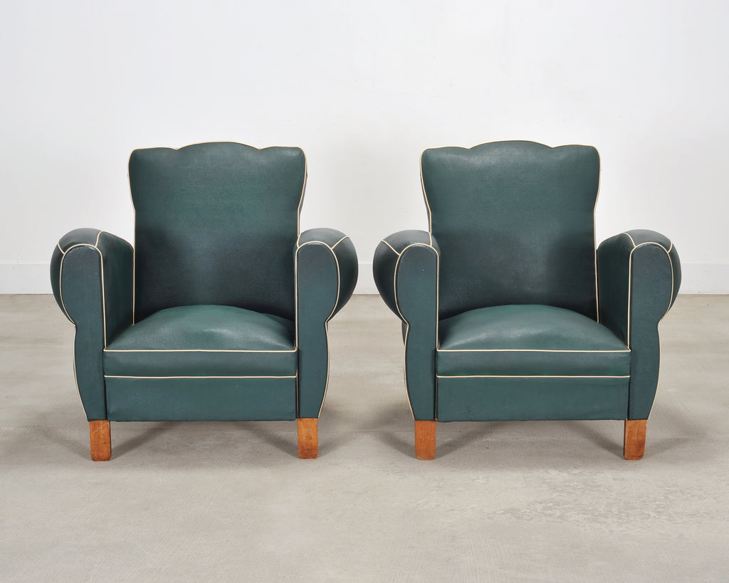 Pair of 20th Century French Art Deco Period Green Club Chairs