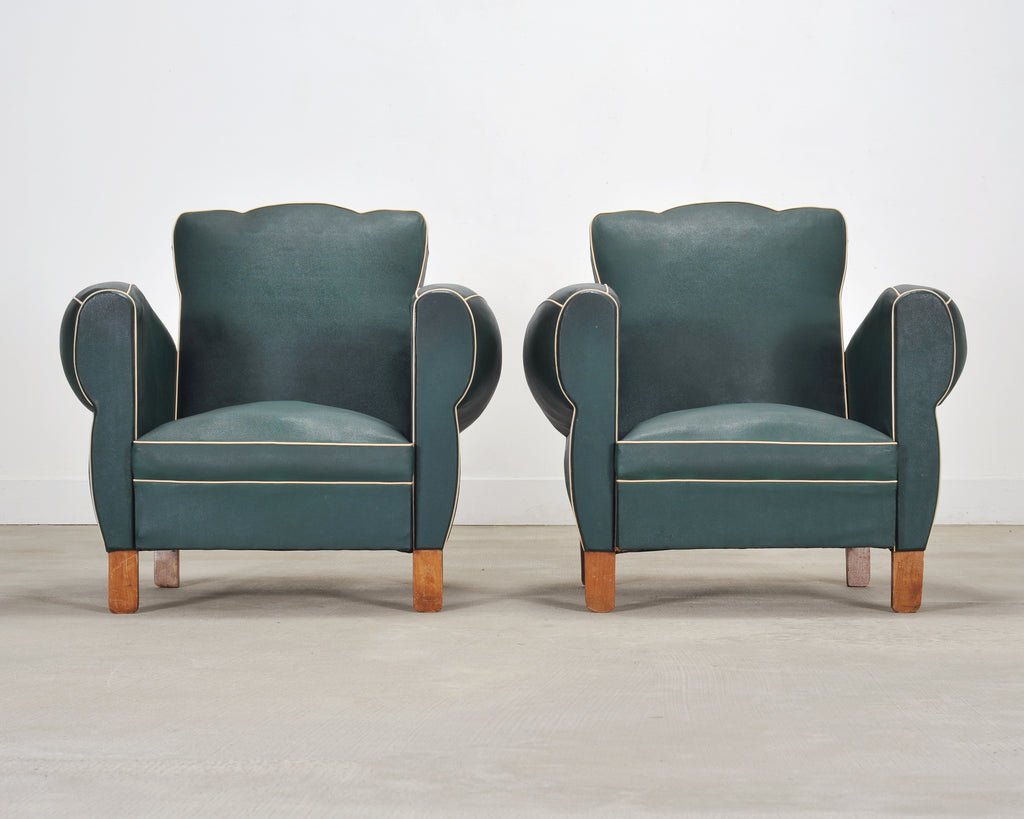 Pair of 20th Century French Art Deco Period Green Club Chairs
