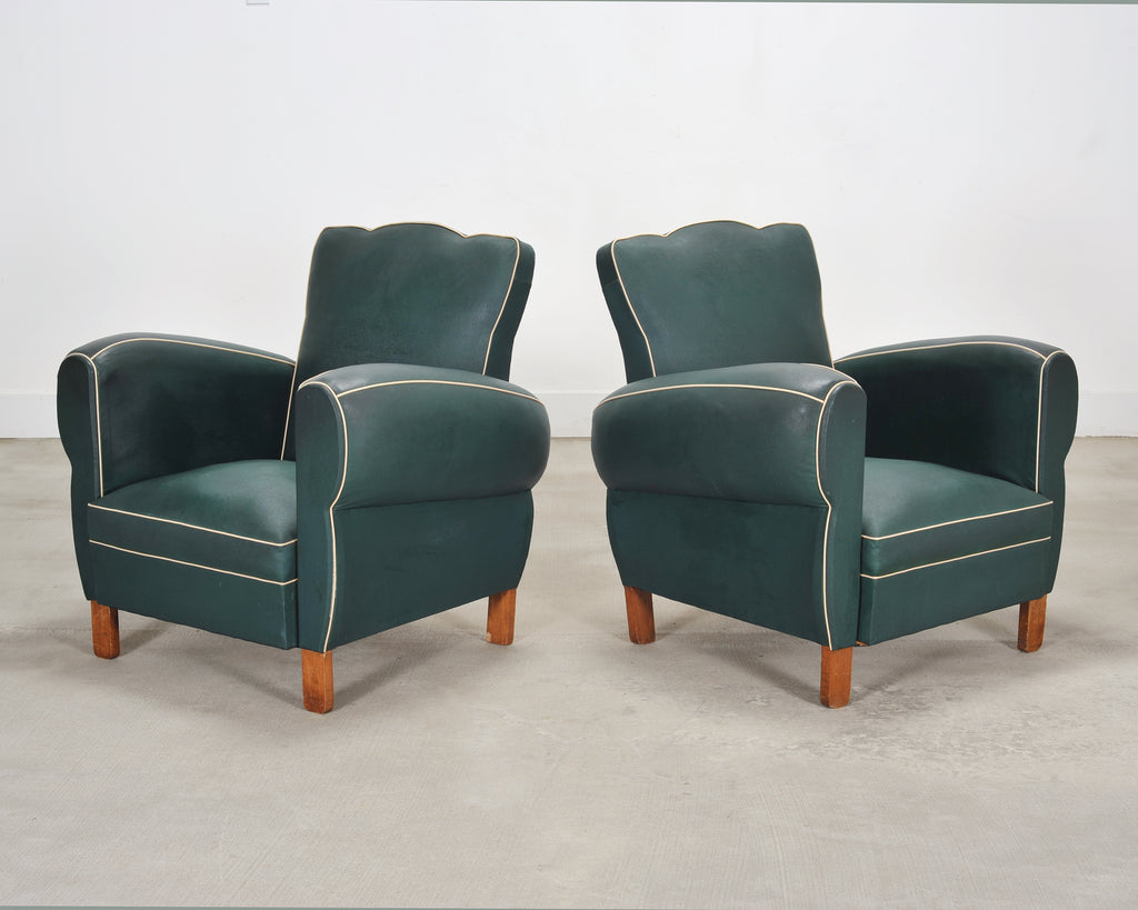 Pair of 20th Century French Art Deco Period Green Club Chairs