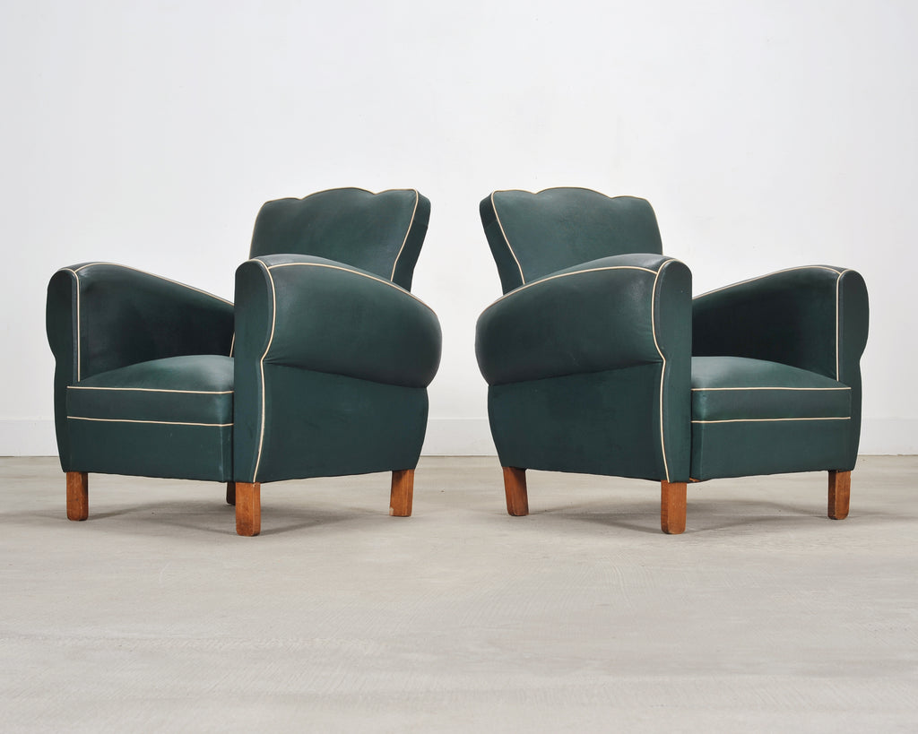 Pair of 20th Century French Art Deco Period Green Club Chairs