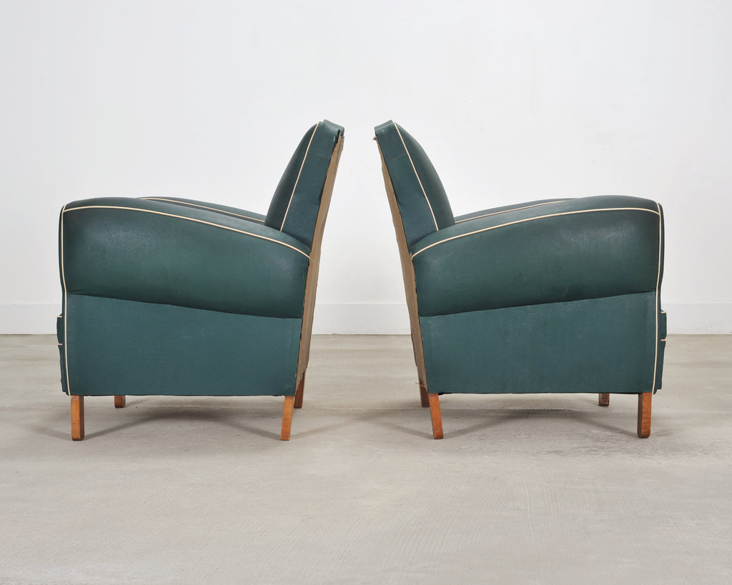 Pair of 20th Century French Art Deco Period Green Club Chairs