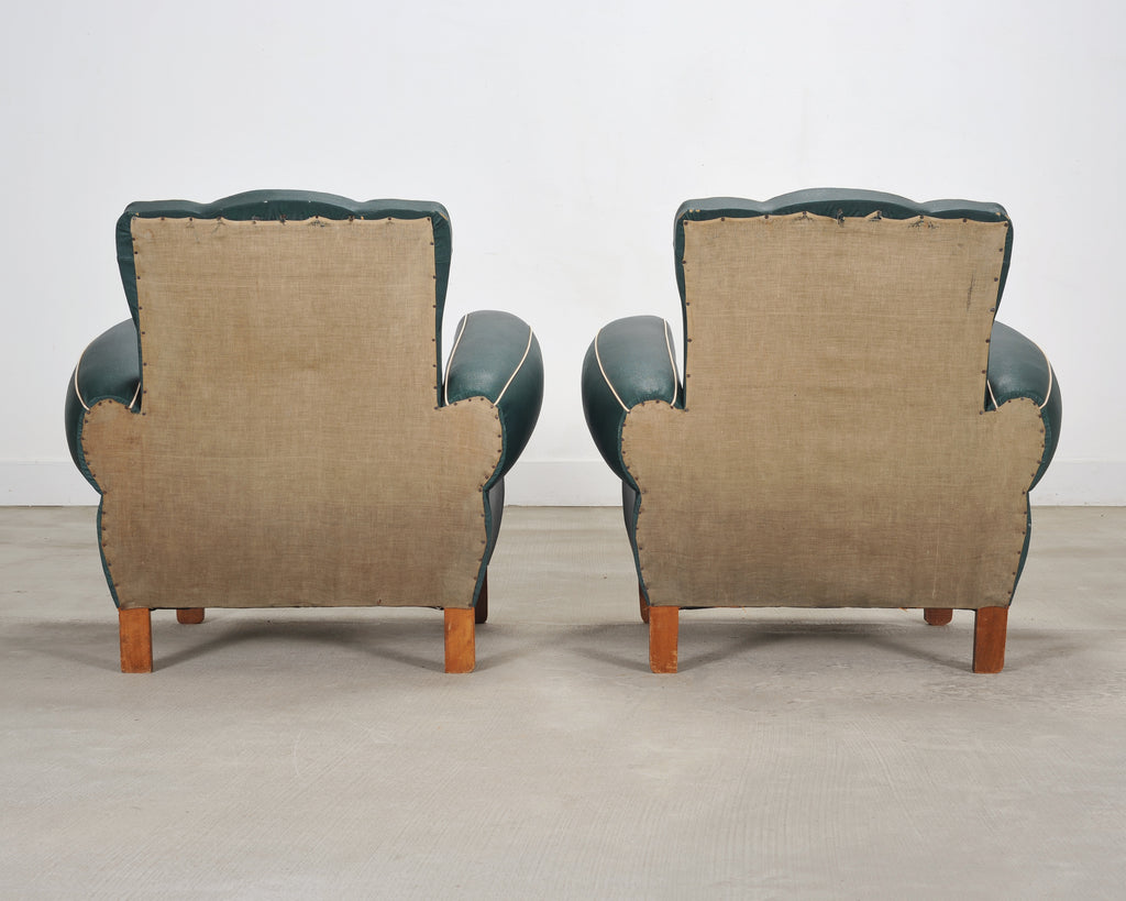 Pair of 20th Century French Art Deco Period Green Club Chairs