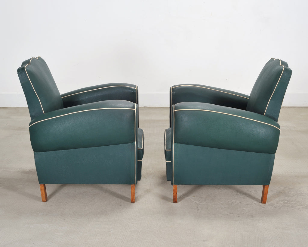Pair of 20th Century French Art Deco Period Green Club Chairs