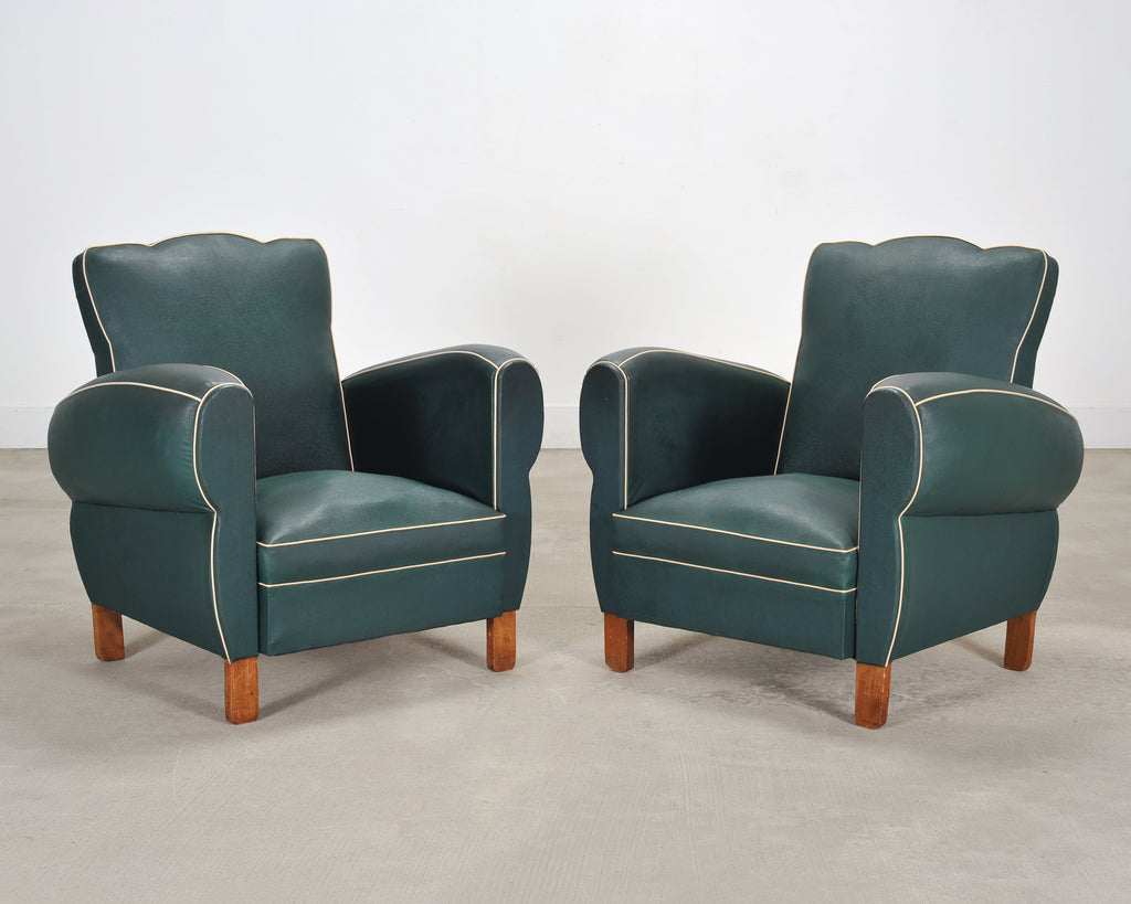 Pair of 20th Century French Art Deco Period Green Club Chairs