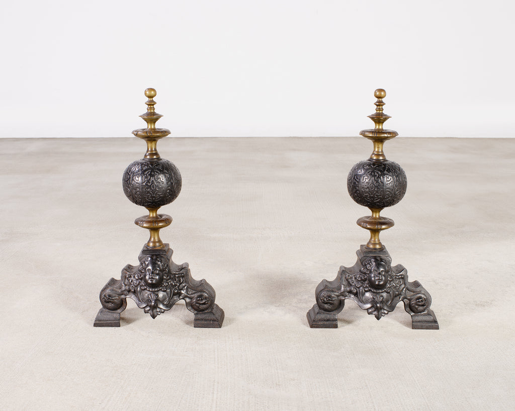 Pair of Dutch Baroque Style Iron Brass Andirons