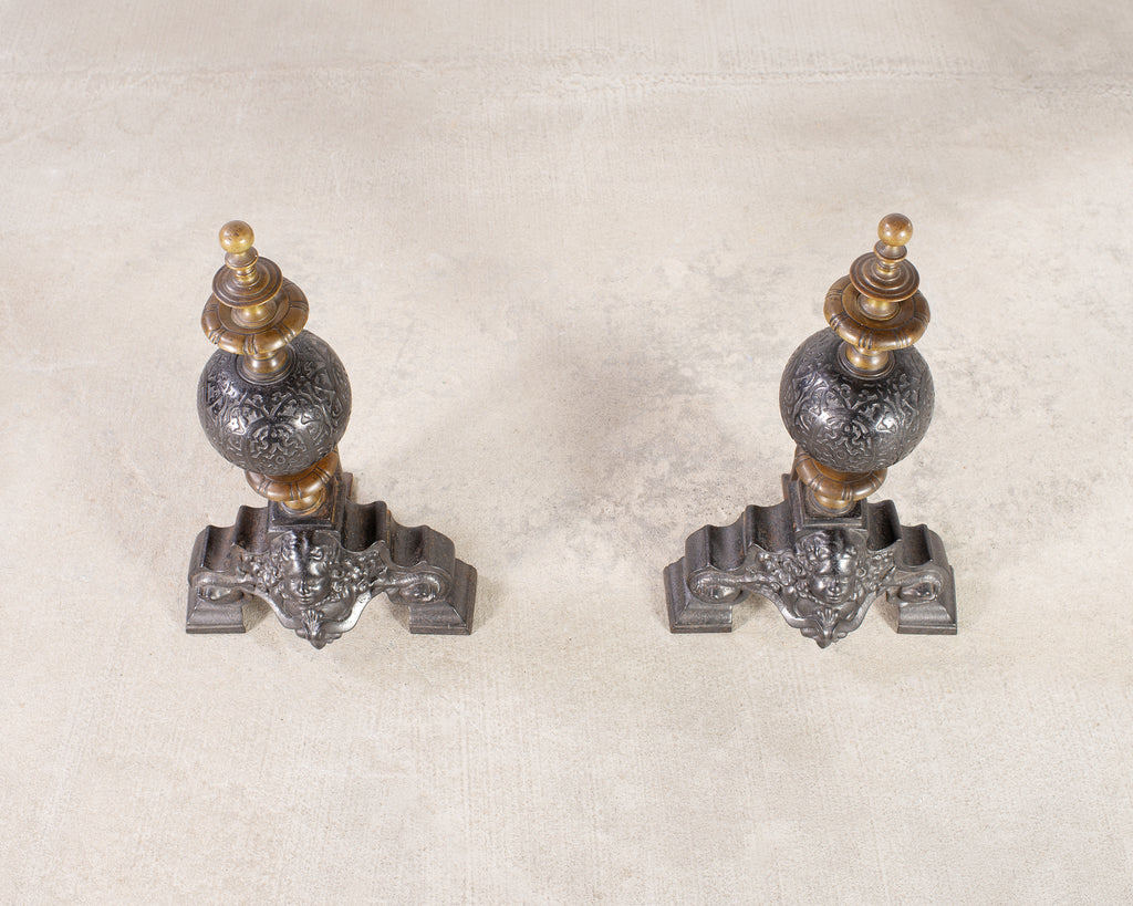 Pair of Dutch Baroque Style Iron Brass Andirons