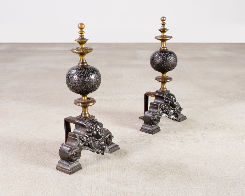 Pair of Dutch Baroque Style Iron Brass Andirons