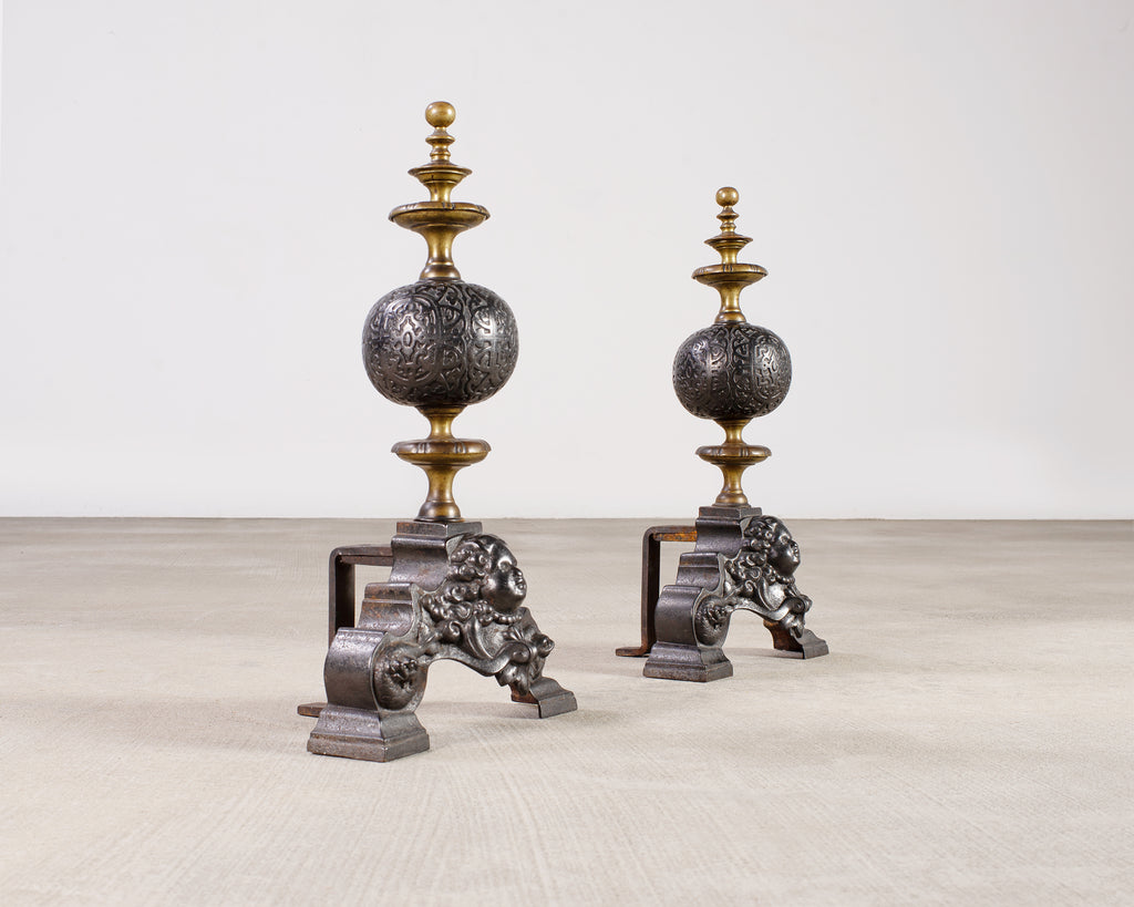 Pair of Dutch Baroque Style Iron Brass Andirons