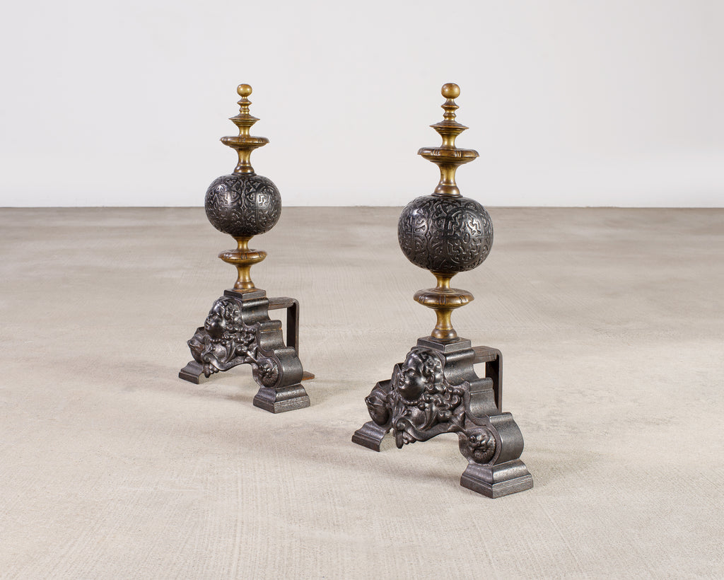 Pair of Dutch Baroque Style Iron Brass Andirons