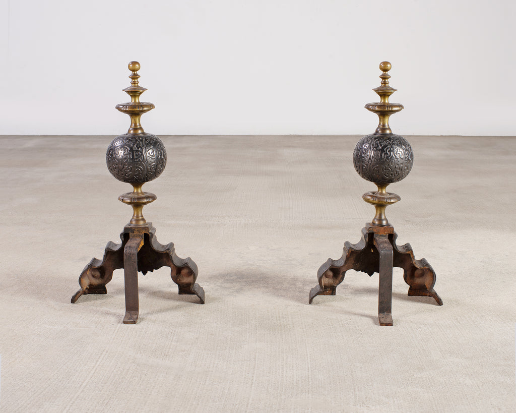 Pair of Dutch Baroque Style Iron Brass Andirons