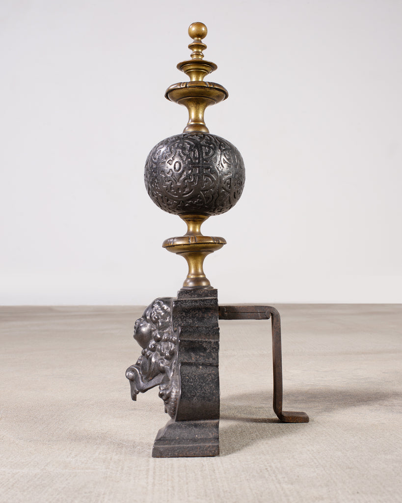 Pair of Dutch Baroque Style Iron Brass Andirons