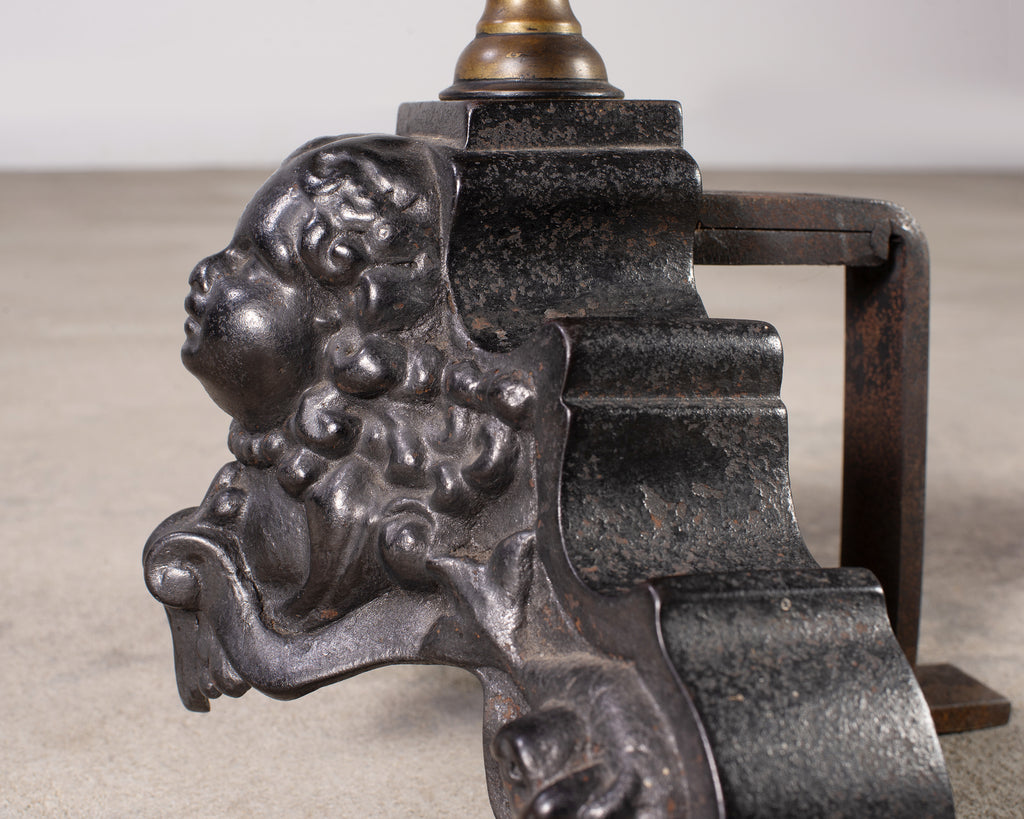 Pair of Dutch Baroque Style Iron Brass Andirons